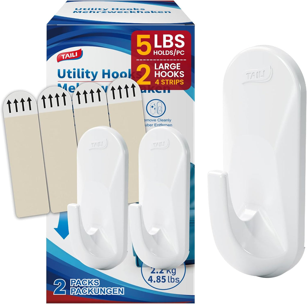 TAILI Heavy-Duty Sticky Hooks - No Damage Adhesive Utility Hooks for Walls | Removable & Reusable, White, 5 lb Capacity