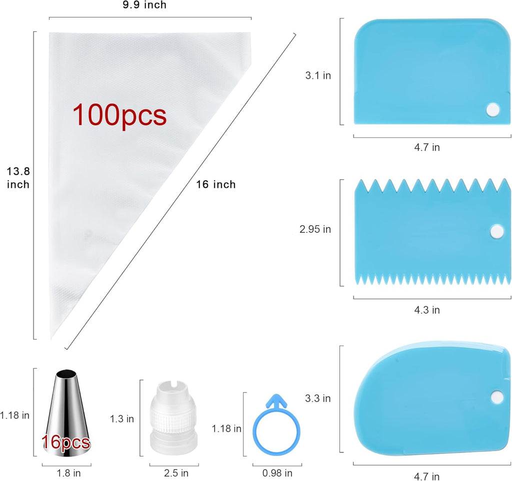 Skiennix Piping Bags and Tips Set - 100pcs 16 Inch Pastry Bags with 16 Tips & Cake Scrapers