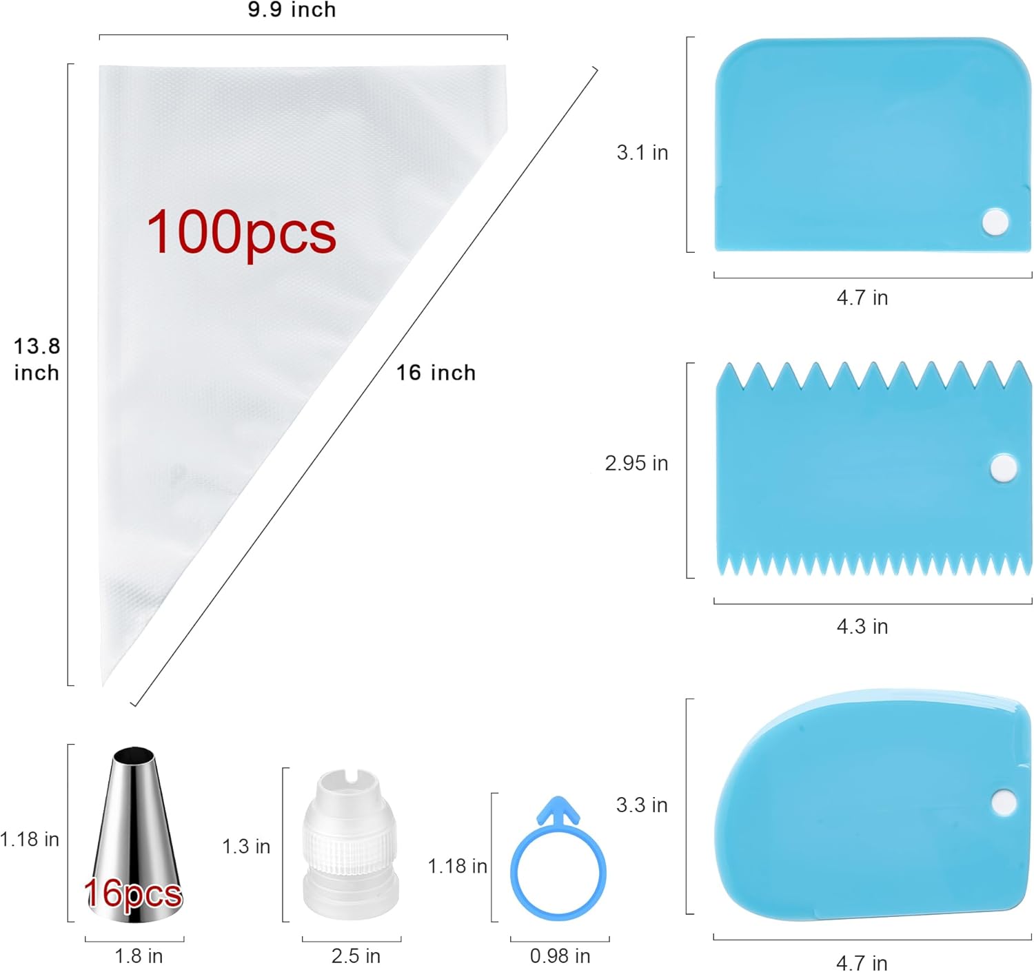 Skiennix Piping Bags and Tips Set - 100pcs 16 Inch Pastry Bags with 16 Tips & Cake Scrapers