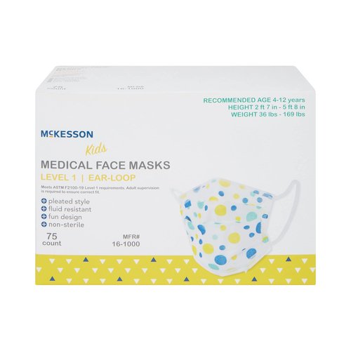 McKesson Kids' Medical Face Masks, Level 1 - Pleated with Ear Loops, Non-Sterile, Blue and Yellow Polka Dots - Fits Kids 4 to 12 Years Old, 5.5 in x 3.35 in, 75 Count, 1 Pack
