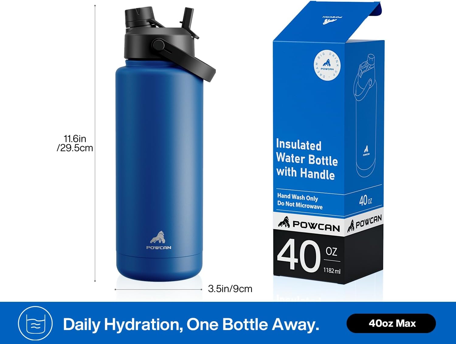 POWCAN 40 oz Insulated Water Bottle - 2-in-1 Straw & Spout Lid | Keeps Drinks Cold 24H, BPA-Free, Leak-Proof (Pacific Ocean)