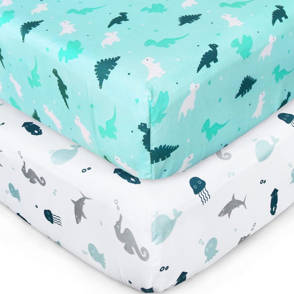 Regine Switzerland Fitted Crib Sheets - Soft & Breathable 2-Pack for Standard Crib 52'' x 28'' | Dinosaurs & Ocean Design