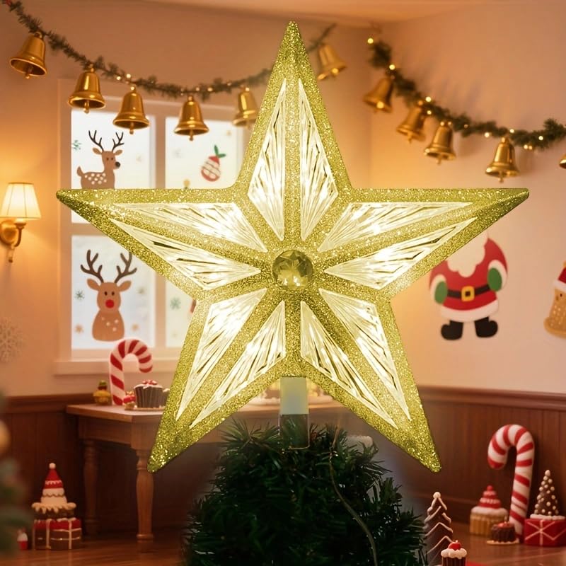 8-Inch LED Christmas Tree Topper - 3D Gold Glitter Star, Warm White