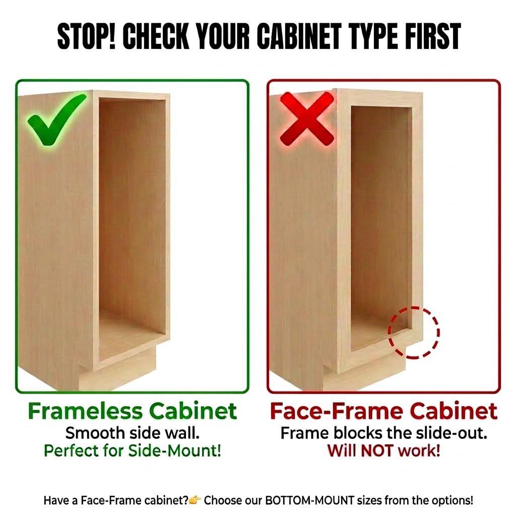 JOWBOOW Narrow Pull Out Cabinet Organizer, 4" Skinny Side Mount Spice Rack for Frameless Cabinets, Heavy Duty 3-Tier Zero Wobble Slide Out Shelf