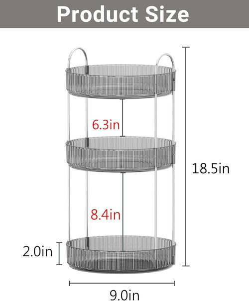 Asayuee 360 Rotating Makeup Organizer - Large 3-Tier Storage for Bathroom & Cosmetics | Grey
