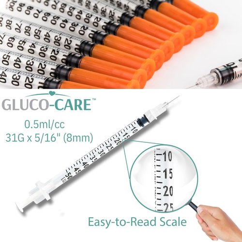 GLUCO-CARE 31G x 5/16’’ Syringes - 0.5 ml/cc for Precision Insulin Delivery, 100/Box