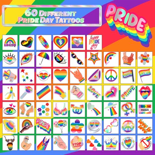 Glitter Pride Temporary Tattoos 120 Pcs LGBT Rainbow Metallic Fake Tattoos