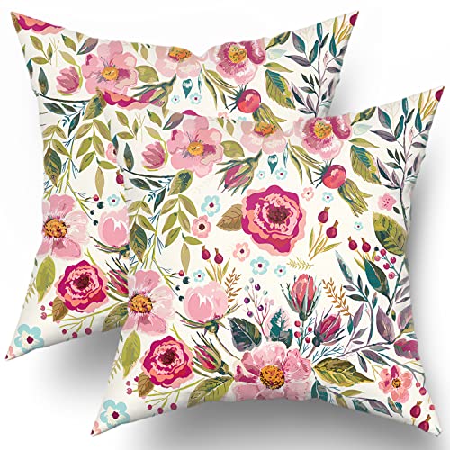 Pink Peony Throw Pillow Covers 18x18 Inch Set of 2 - Floral Cotton Cushion