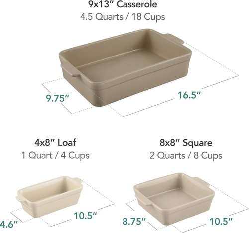 Best Choice Products 3-Piece Ceramic Bakeware Set - Versatile Stoneware Casserole Dishes | Mushroom Beige, 9x12 & 8x8 Sizes