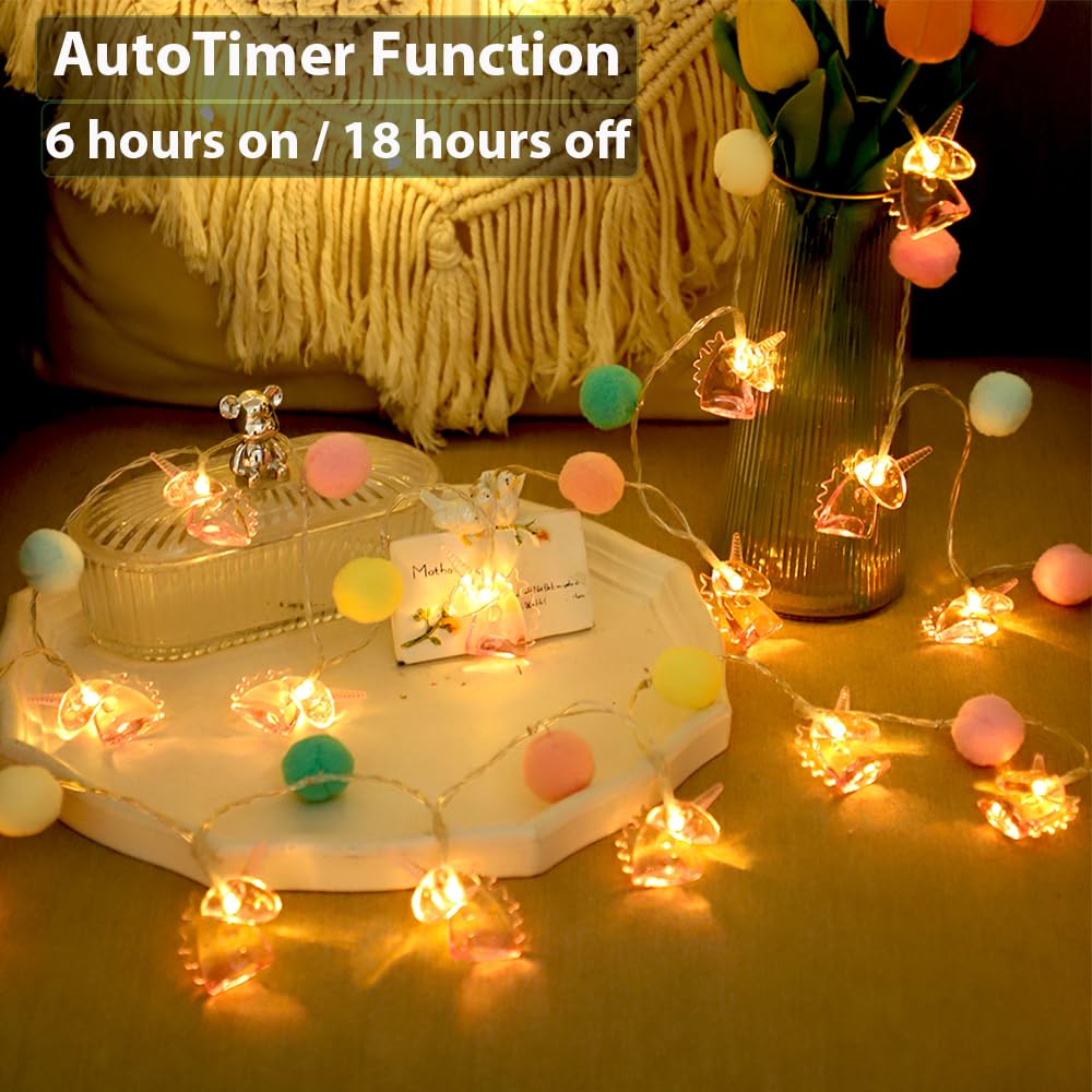 9.85FT Unicorn String Lights Cute Pom Poms Fairy LED String Lights Battery Operated with Timer Decor Lights for Kids Bedroom Birthday Party Kids Playhouse Wedding Valentine's Day Christmas Decorations