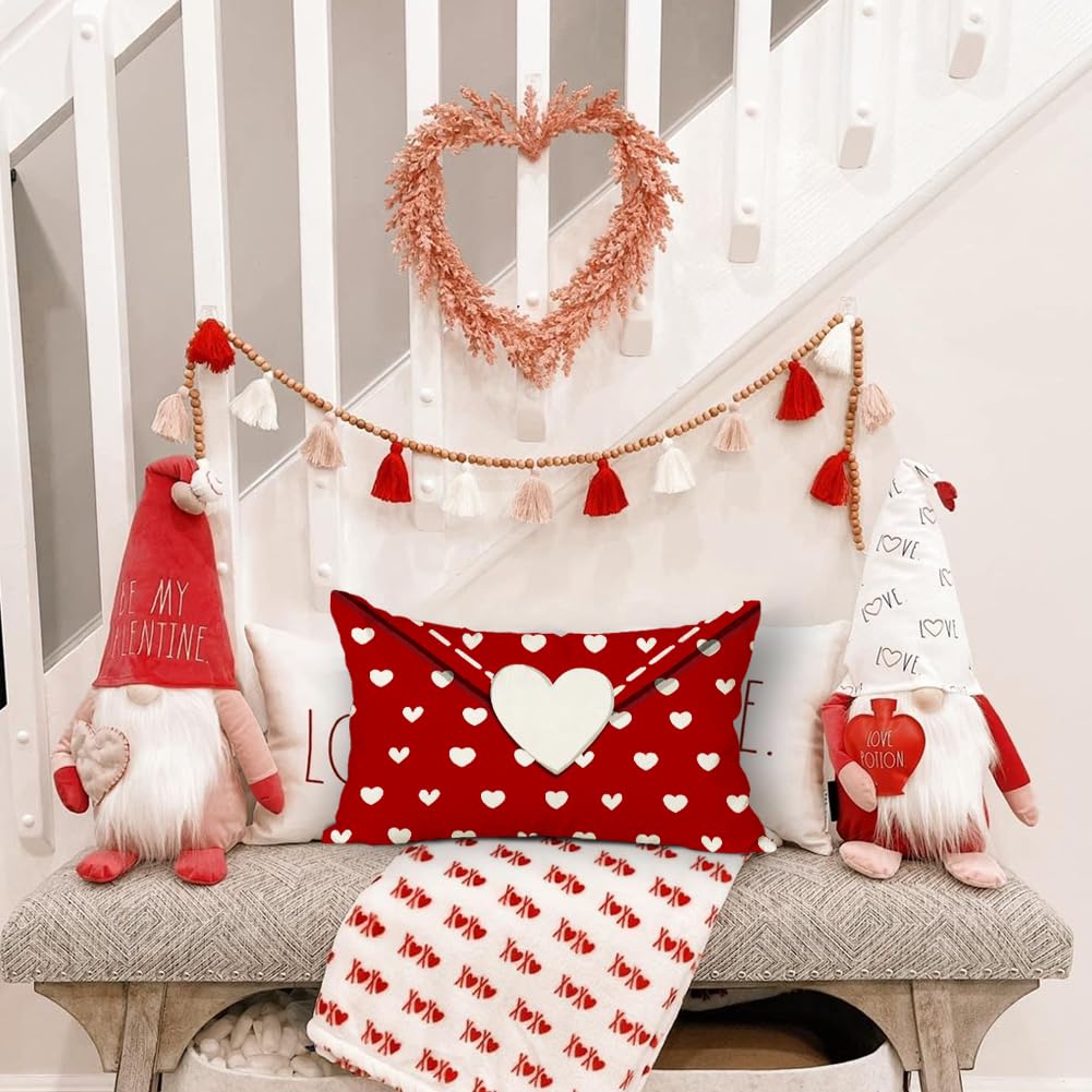 RABUSOFA Valentines Pillow Covers 12x20 inch Valentines Day Decoration Red Love Heart Anniversary Wedding Lumbar Throw Pillowcase for Couch Home Decor Red
