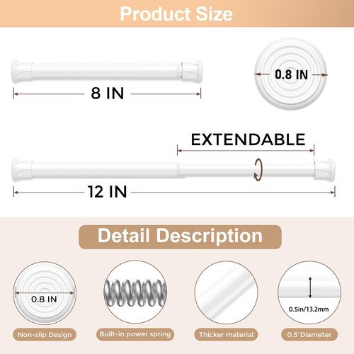 Fvonzn 4 Pack Short Spring Tension Curtain Rod 8 to 12 Inch, Mini DIY Tension Rods No Drill for Slim Window Cupboard Sidelights, White