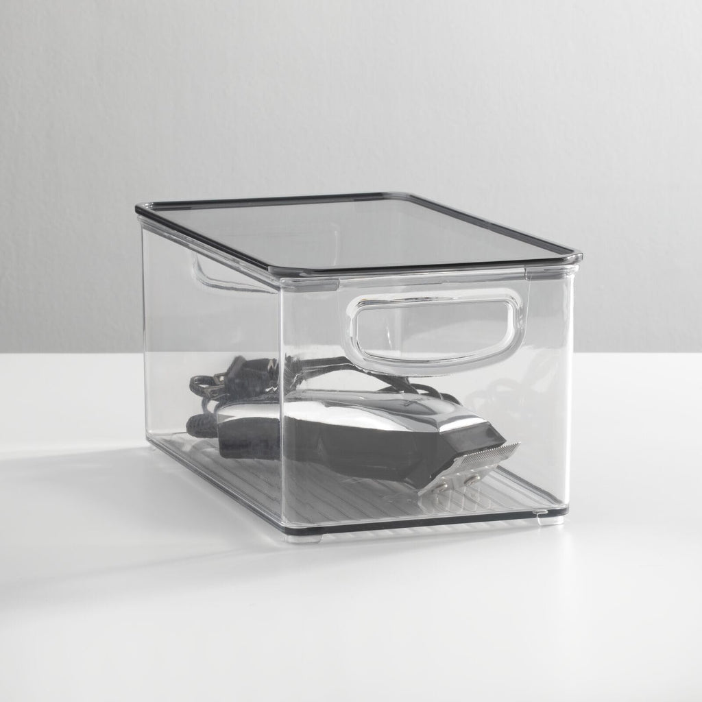 mDesign Deep Plastic Bathroom Storage Bin Box, Lid/Built-in Handles, Organization for Makeup, Hair Styling Tools, Toiletry Accessories in Cabinet, Shelves, Ligne Collection, 2 Pack, Clear/Smoke Gray