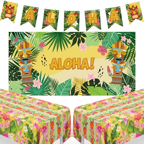 Aloha Luau Party Decorations Set - Yellow Hawaiian Theme Backdrop & Tablecloth