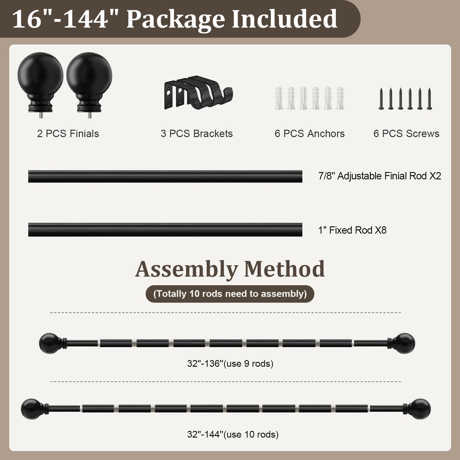 Skiennix Black Curtain Rods - Heavy Duty Metal Adjustable 72 to 144 Inch | Elegant Blackout Window Treatment