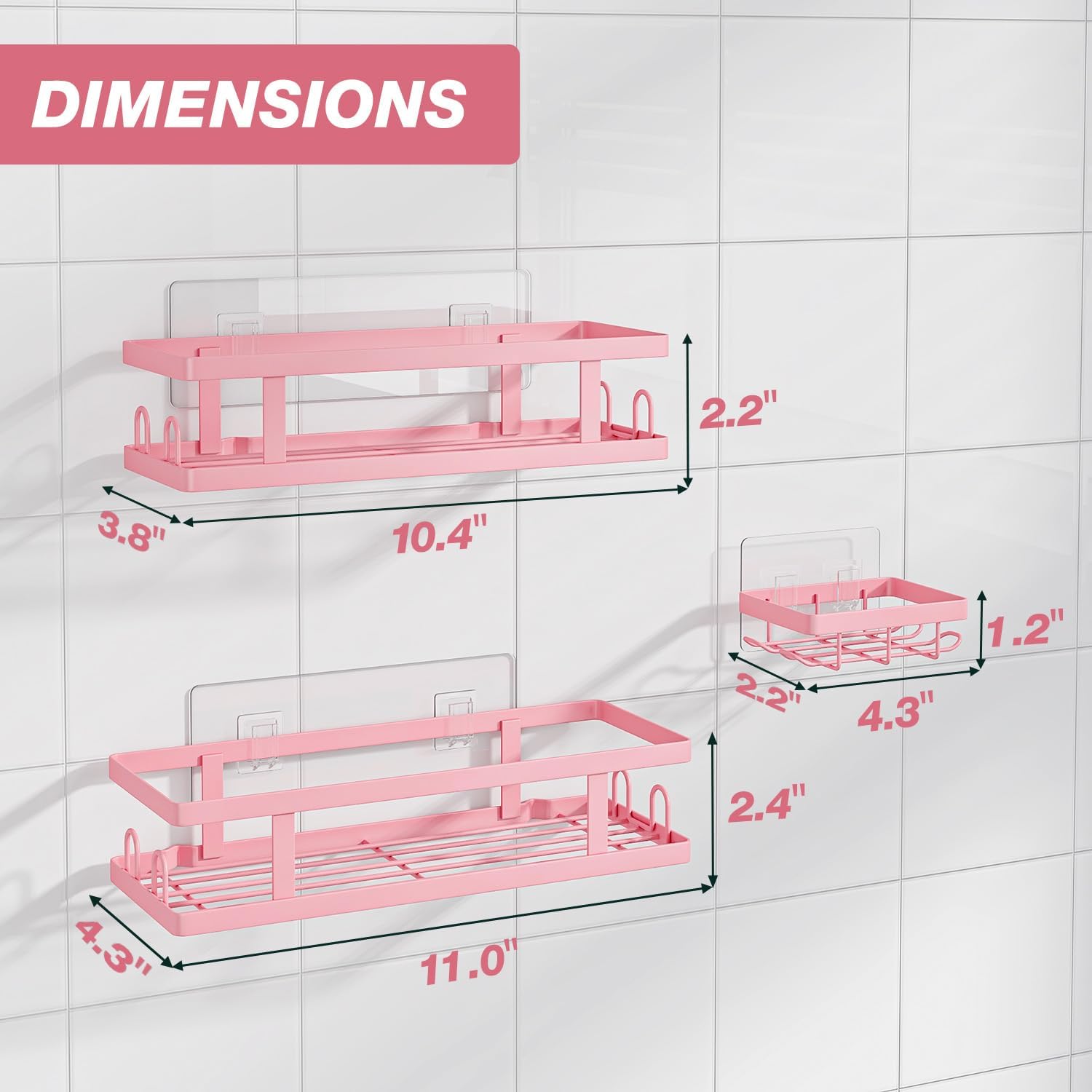 Youvip Adhesive Shower Caddy - No-Drill Bathroom Organizer with Soap Holder & 12 Hooks | Pink, 3 Pack