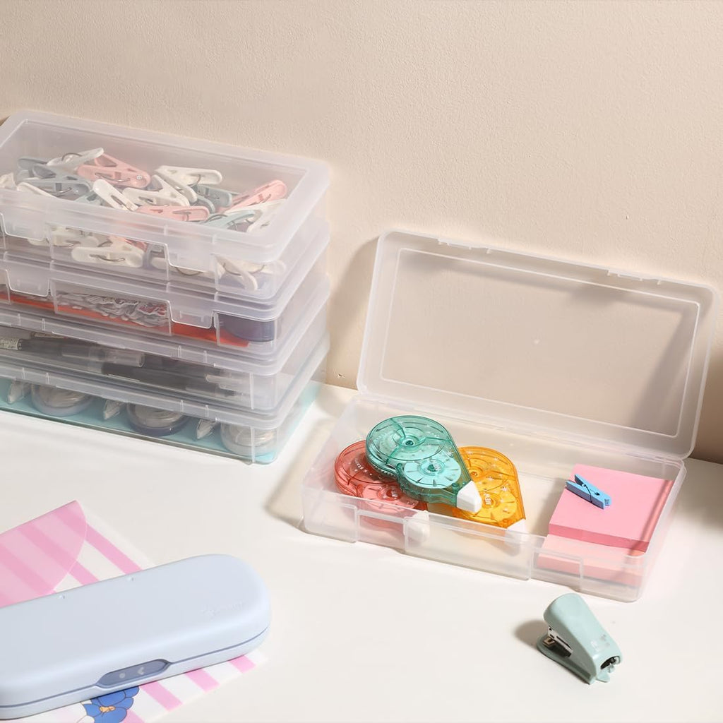 Medium Clear Storage Box - 9 Pack Stackable Containers with Snap-Tight Latch | 10" x 5" x 1.9" for Art Tools & Pencils