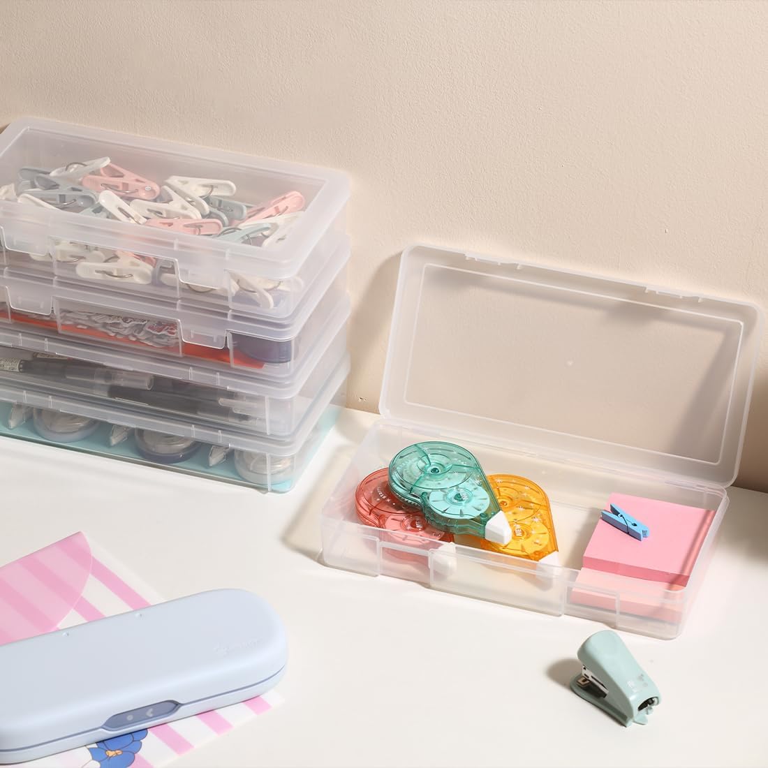 Medium Clear Storage Box - 9 Pack Stackable Containers with Snap-Tight Latch | 10" x 5" x 1.9" for Art Tools & Pencils