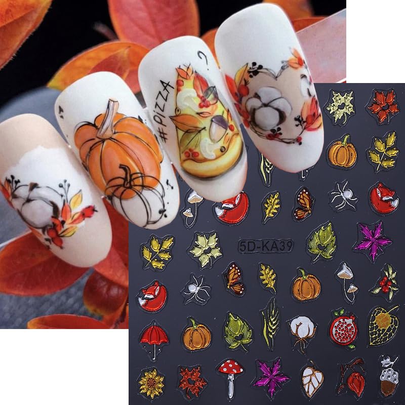 Fall Colorful 3D Self-Adhesive Nail Stickers Maple Leaves Pumpkin
