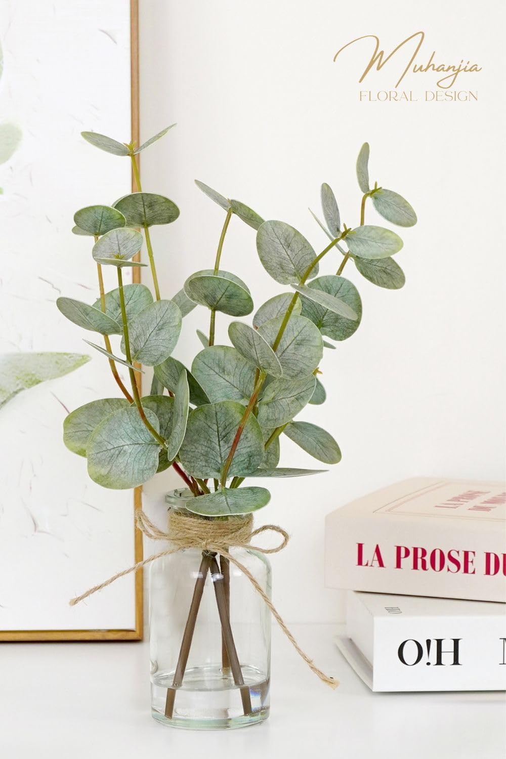 Muhanjia Artificial Eucalyptus Stems - 3Pcs Faux Green Leaves in Glass Vase with Faux Water | Perfect Centerpiece