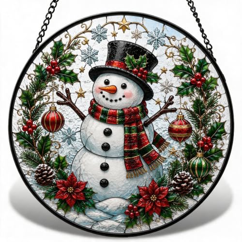 Christmas Snowman Stained Glass Suncatcher for Window Hanging - White Snowman - 7.9 Inch