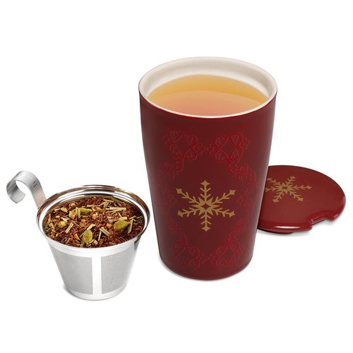 Tea Forte Double-Walled Ceramic Kati Cup, Removable Stainless Steel Infuser Basket and Lid, Steeps 12 oz Loose Leaf Tea, Dishwasher & Microwave Safe, Warming Joy