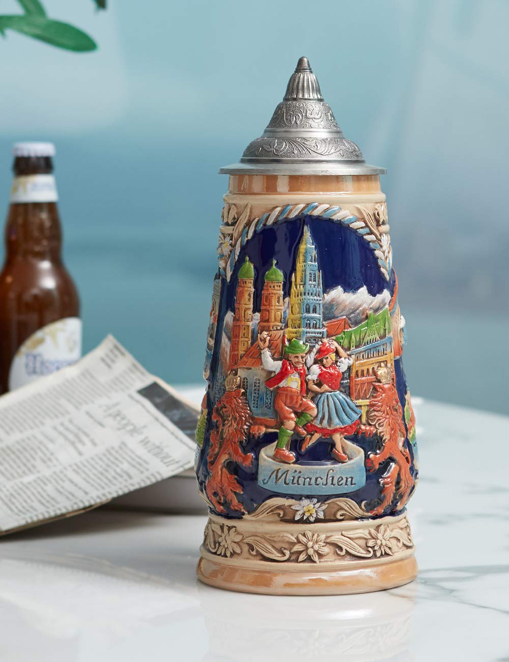 HAUCOZE Beer Stein Mug German Munich Bavarian Drinking Viking Tankard with Pewter Lid Birthday Gifts for Men Father Husband 1.0 Liter