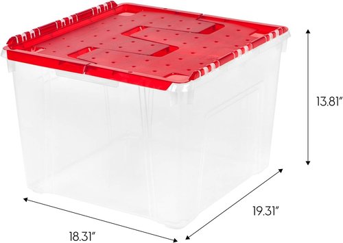IRIS USA Ornament Storage Box - Stackable 2-Pack for 75 Ornaments | Durable Clear/Red Holiday Organizer