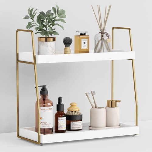 Forbena Bathroom Organizer - Elegant 2-Tier Countertop Storage for Makeup & Skincare | White & Gold