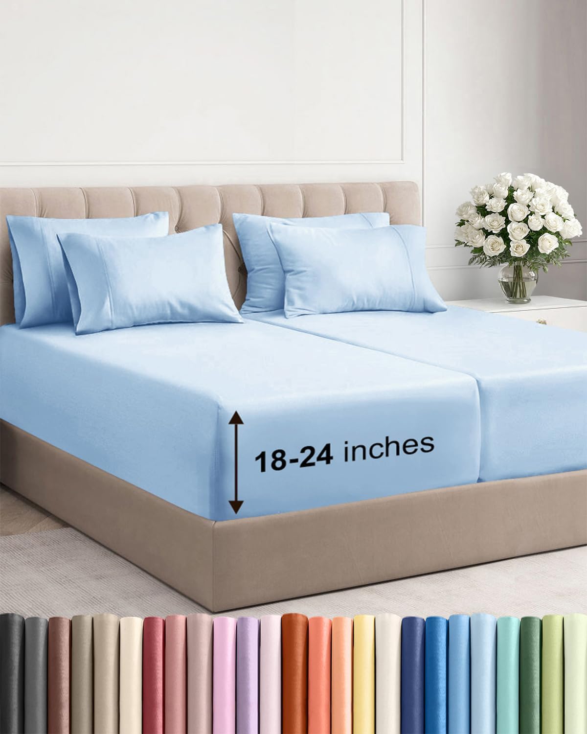 Skiennix Extra Deep Split King Sheet Set - 7-Piece Breathable Cooling Bedding - Soft, Wrinkle-Free Light Blue