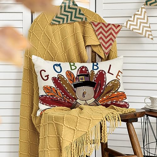 Thanksgiving Gobble Turkey Pillow Cover, 12x20 Inch Cushion Case