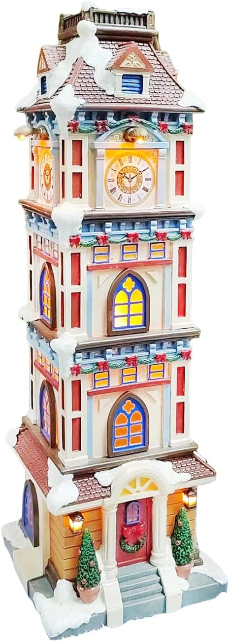 Moments In Time Lighted Christmas Clock Tower - 14.5” Hand-Painted Polyresin Holiday Décor