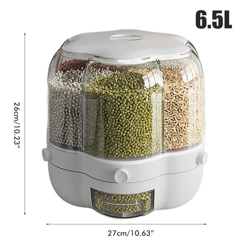 Enfudid Food Grain Storage Container Large Capacity 6-Grid Rice Dispenser, Rotatable Sealed Grain Food Storage Box Rice Bucket Dry Food Fruit Box Kitchen Storage Bucket for Home Kitchen- White 14.3LB
