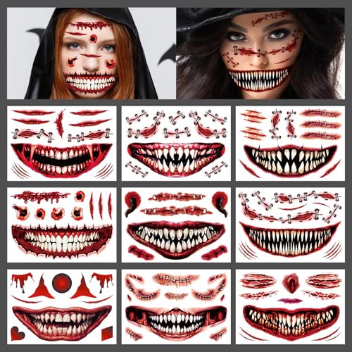 Cerlaza Halloween Temporary Tattoos Scary Big Mouth Clown & Scars Kit