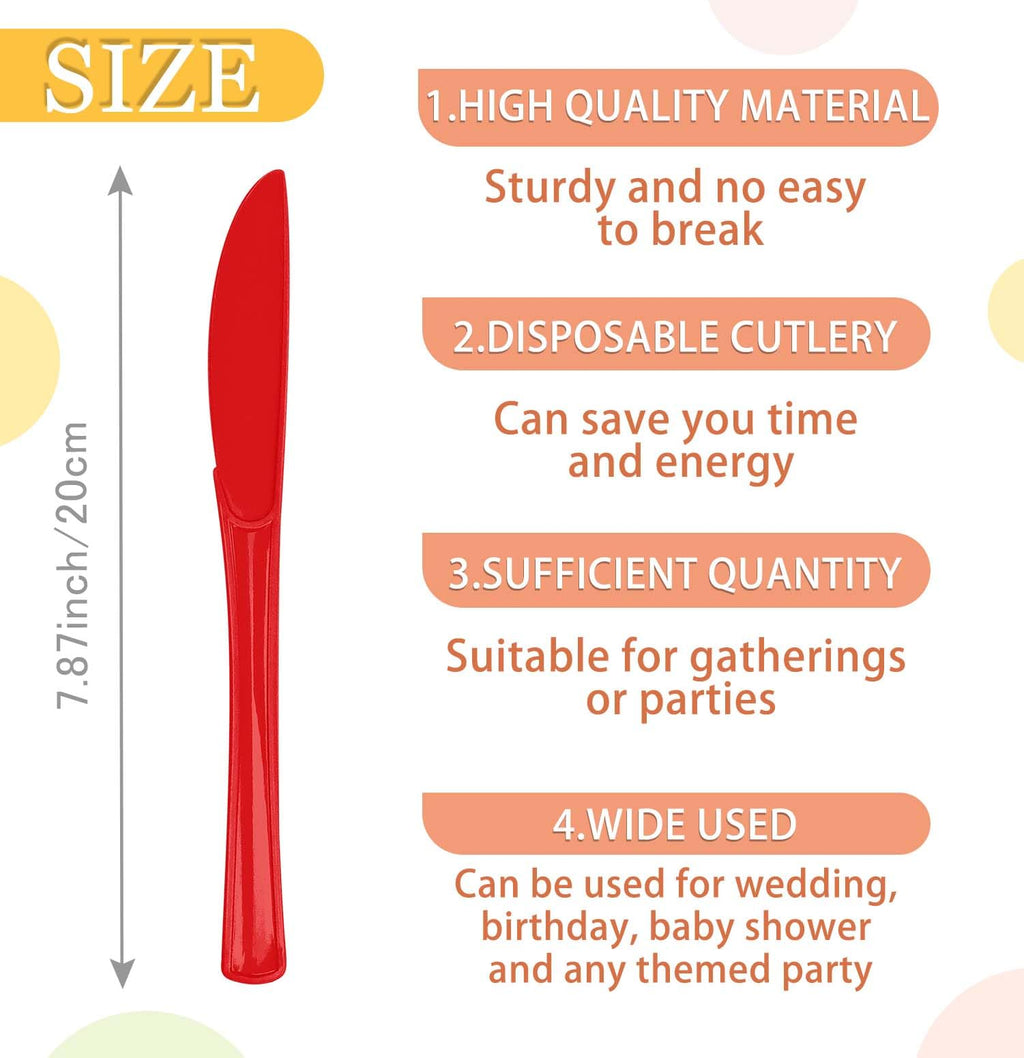 SietDESEO 25 PCS Red Plastic Knives Disposable Utensils Heavy Duty Red Knives Disposable Cutlery for Birthday Wedding Baby Shower Bridal Shower Plastic Silverware