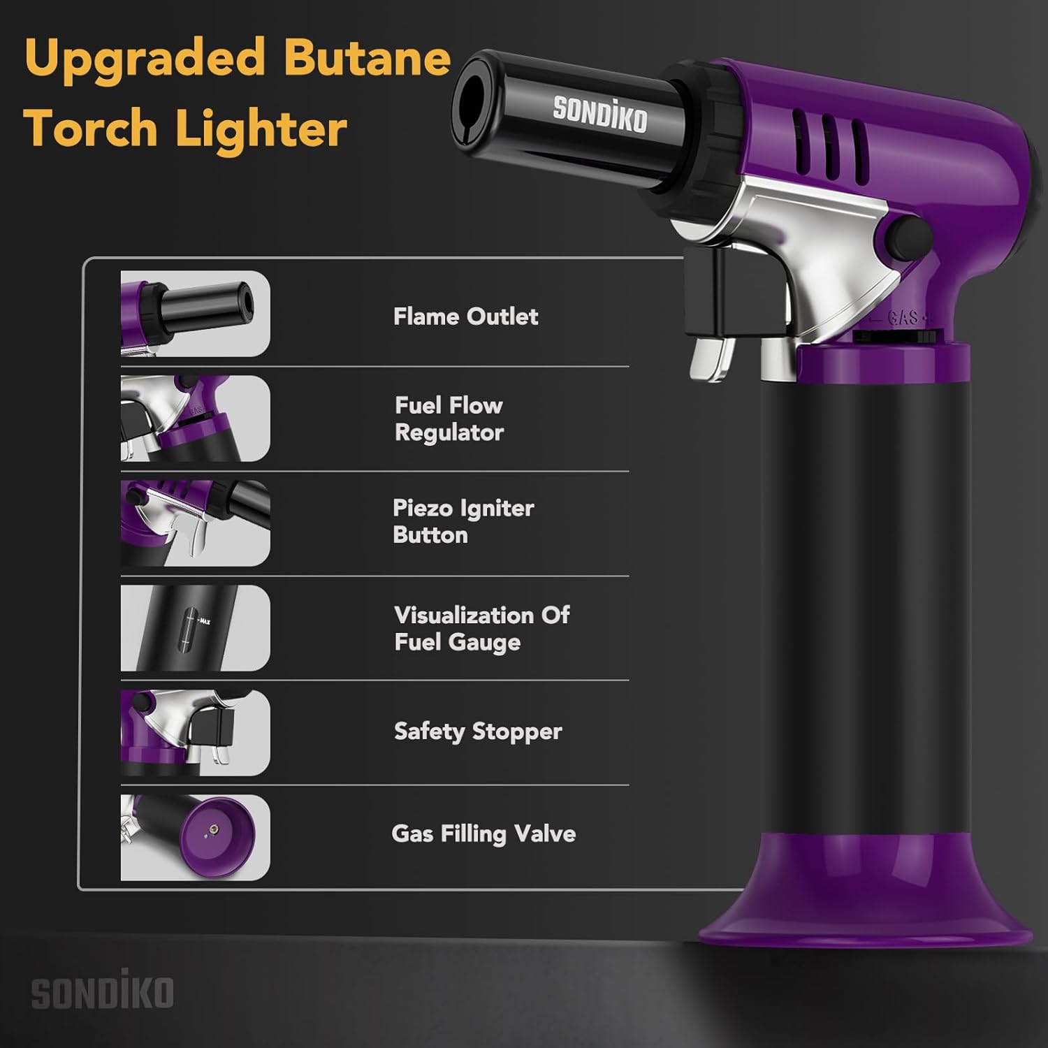 Sondiko Butane Torch - Refillable Soldering Lighter with Adjustable Flame | Purple & Black