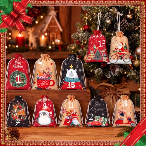 24 Pcs Reusable Christmas Advent Calendar Number Bags with Rope & Clips - Classic