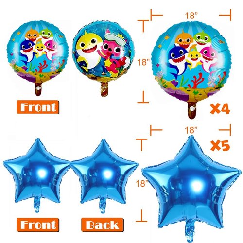 GRAME Shark Birthday Party Decorations for Boys and Girls, 26” Balloons XL for Baby Birthday Party with 9 Pcs 18” Round and Blue Star Ocean Theme Cartoon Balloons, Shark Party Decorations (14 pcs)