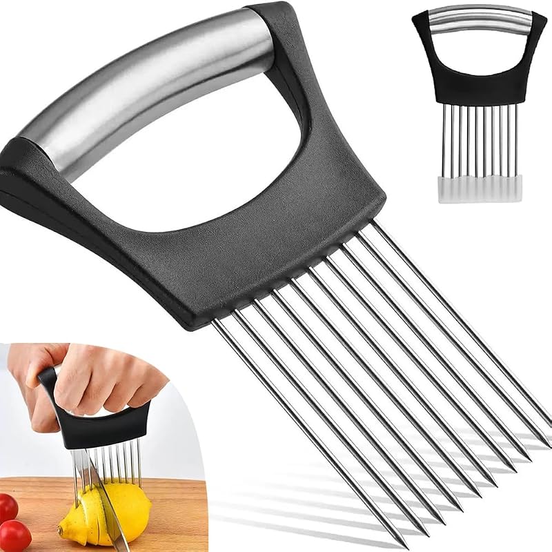 Stainless Steel Onion Holder & Food Slicer Tool for Safe Cutting
