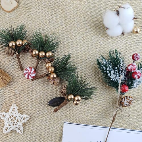 Artificial Pine Picks with Gold Berries and Pinecones - Christmas Decor, 25 Pack