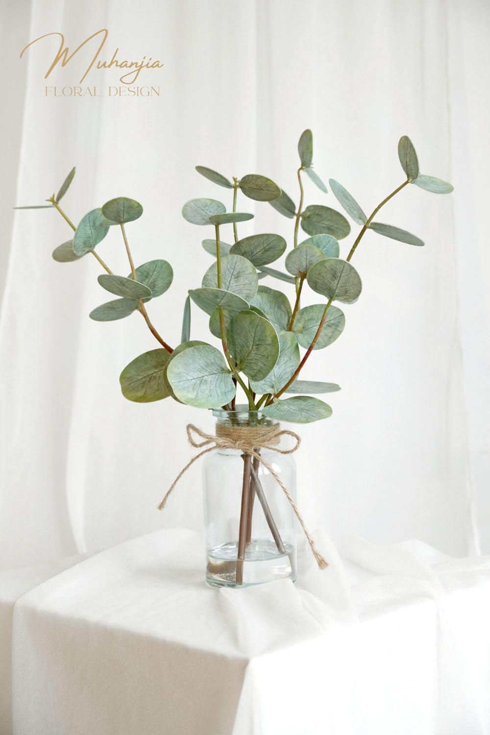 Muhanjia Artificial Eucalyptus Stems - 3Pcs Faux Green Leaves in Glass Vase with Faux Water | Perfect Centerpiece