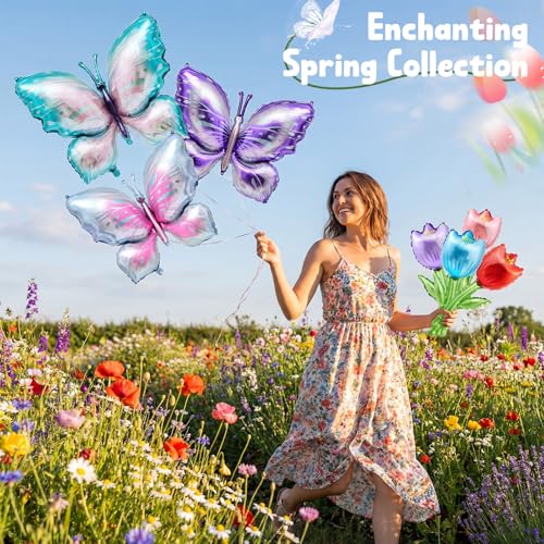 Jenaai 10-Piece Butterfly and Tulip Foil Balloon Set for Party Decor