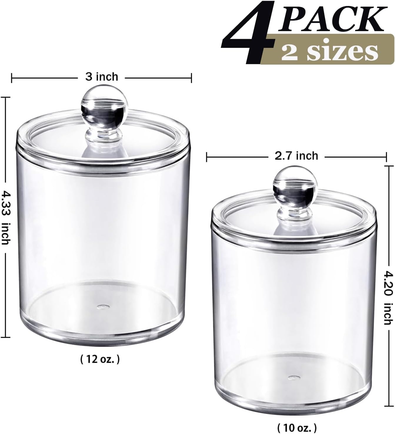 SheeChung Qtip Holder Set - Clear Acrylic Apothecary Jars | Shatterproof Bathroom Organizer (4-Pack)