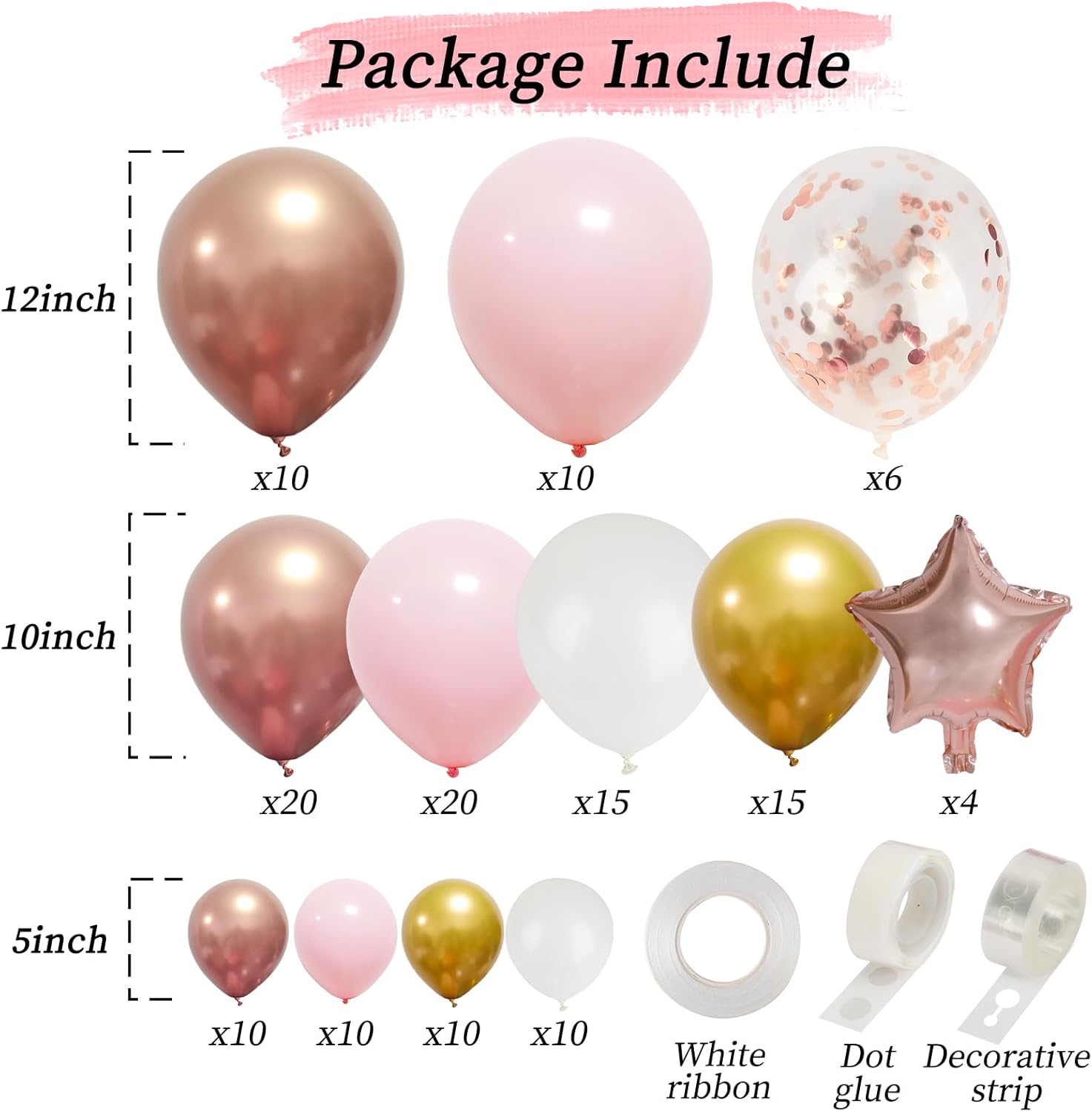 RUBFAC Rose Gold Balloon Garland Arch Kit - 140pcs Light Pink, Gold & White Balloons for Celebrations