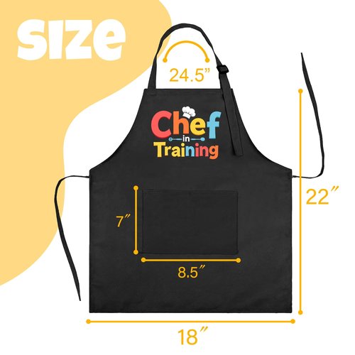 KAXAHHE Kids Chef Apron Hat Set - Adjustable Children's Cooking Apron with 2 Pockets, Black, for Boys Girls Age 3-8 (Chef in Training)