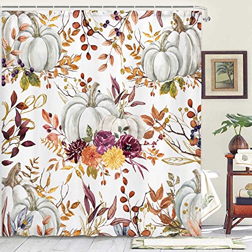 Boho Fall Pumpkin Shower Curtain, Rustic Floral Farmhouse Bath Decor 70x70