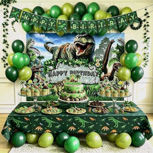 Dinosaur Birthday Party Decorations Kit for Kids with Backdrop, Balloons, Banner, Cake Toppers & Tattoos