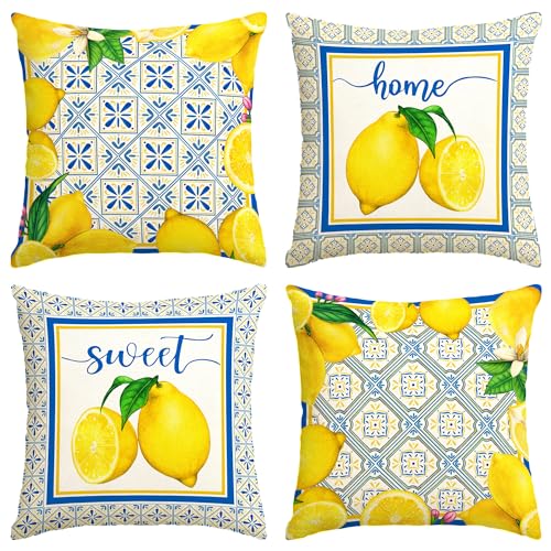Italian Lemon Pillow Covers 18x18 Inch (Pack of 4) - Blue & Cyan