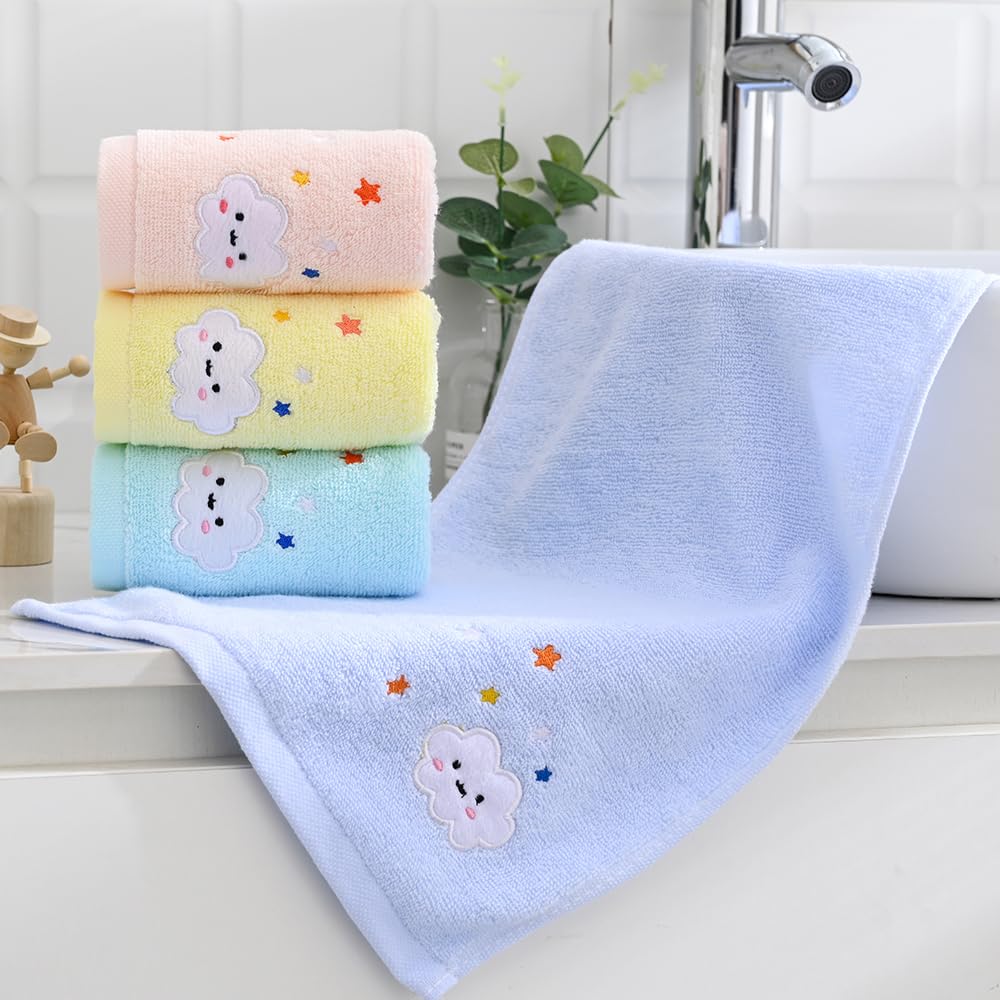 sense gnosis 100% Cotton Cloud Kids Facial Towels, Fingertip Towels for Bathroom Towel Set Star Embroidered Children Towels & Baby Washcloths, 10 x 20 inches(4 Pack in 4 Color)