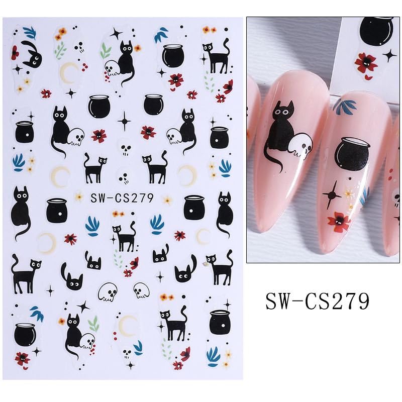 JUNCHAO 3D Embossed Halloween Nail Stickers Black Cat Skeleton Decals